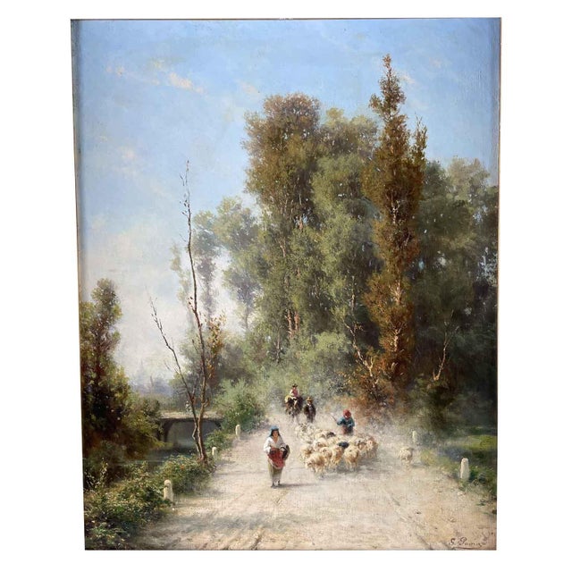 Silvio poma's landscape with shepherds, an oil on canvas painting, depicts a dirt road in the middle of a wooded...