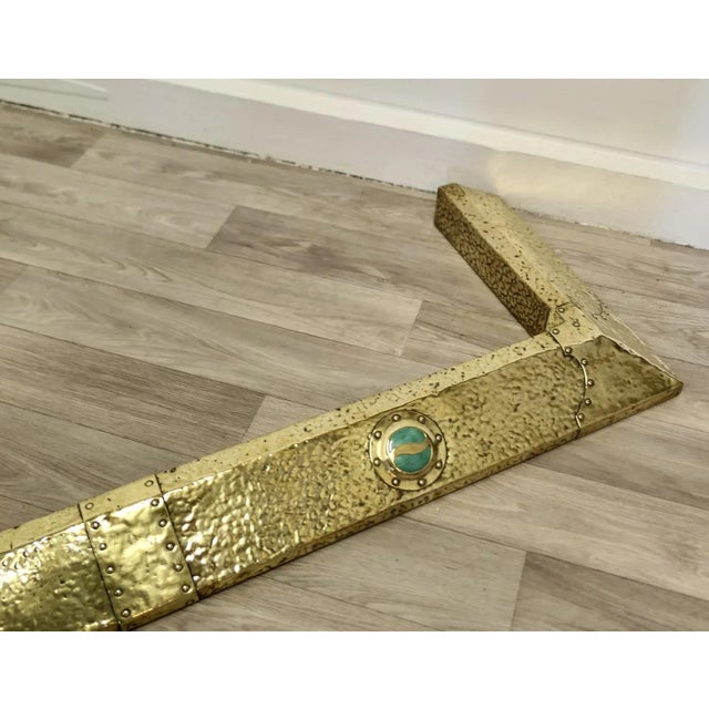 Antique Arts and Crafts Brass Fender, Green Cabochon This is a Victorian hand beaten Brass and Copper Fender, the fender...