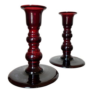 Vintage Ralph Lauren Red Glass Candle Sticks- Set of 2 For Sale