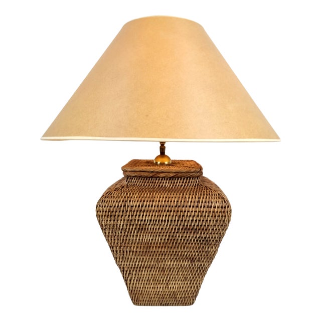 Large Hand Woven Wicker Rattan Table Lamp, France, 1970s For Sale