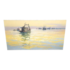 Mid 20th Century Nautical Pastel Oil Painting of Shrimp Boats by Carl G. Evers