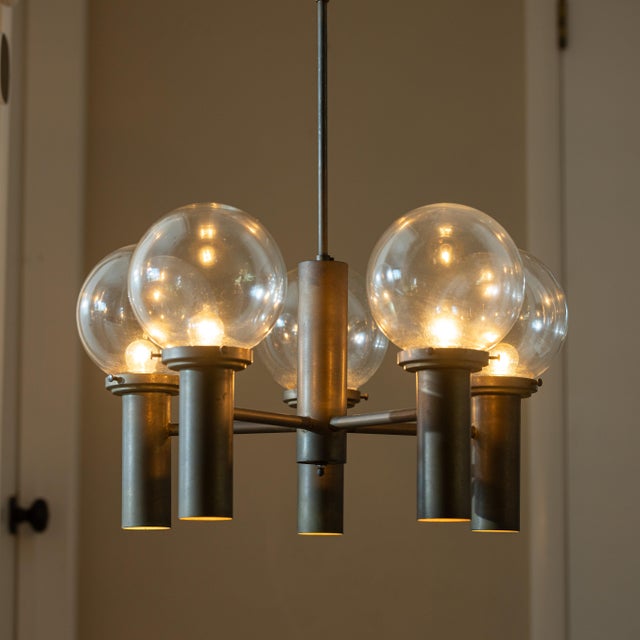 1960s Robert Long 5-Light Solid Brass & Hand-Blown Glass Chandelier, California Modern For Sale - Image 10 of 14