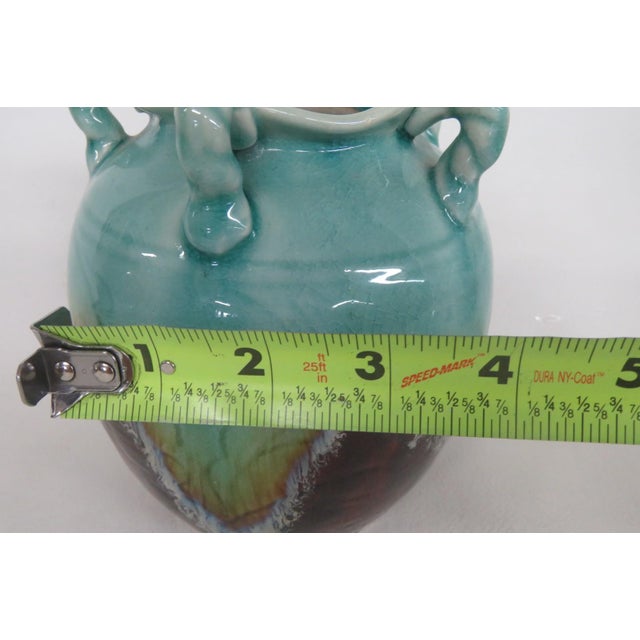 Ceramic Pottery Vase Turquoise Celadon Drip Crackle Glaze 5 Handled Jug 4861b For Sale - Image 9 of 11