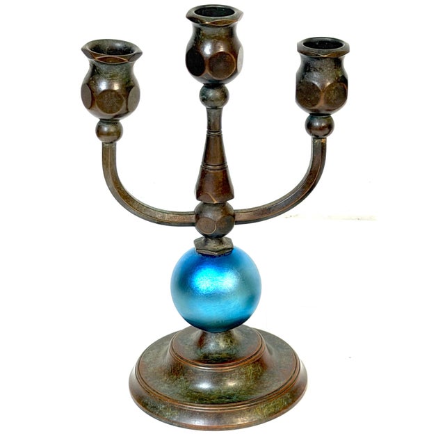 Pair Tiffany Studios No. 1312 Patinated Bronze & Blue Favrile Glass Candelabra For Sale - Image 9 of 16