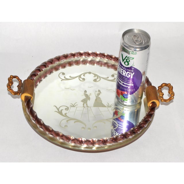 Transparent 1950s Round Venetian Etched Rope Burgundy Art Glass Mirrored Tray Bronze Handles For Sale - Image 8 of 18