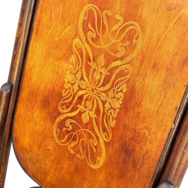 Wood Late Victorian Oak Scrolling Rocking Chair W/ Art Nouveau Branded Seat, Fischel For Sale - Image 7 of 8