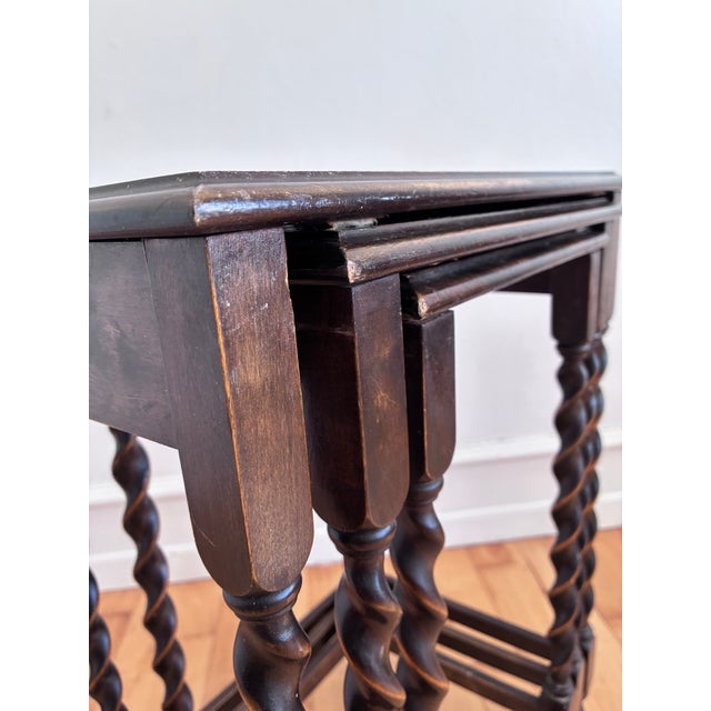 Vintage Set of 3 Barley Twist Walnut Nesting Side Tables, English 1940s For Sale - Image 4 of 15