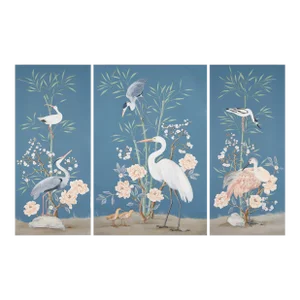 "More Than Birds" Coastal Chinoiserie Triptych by Allison Cosmos - Set of 3