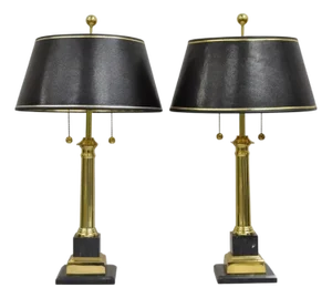 Vintage French Empire Brass & Italian Black Marble Column Table Lamps - A Pair