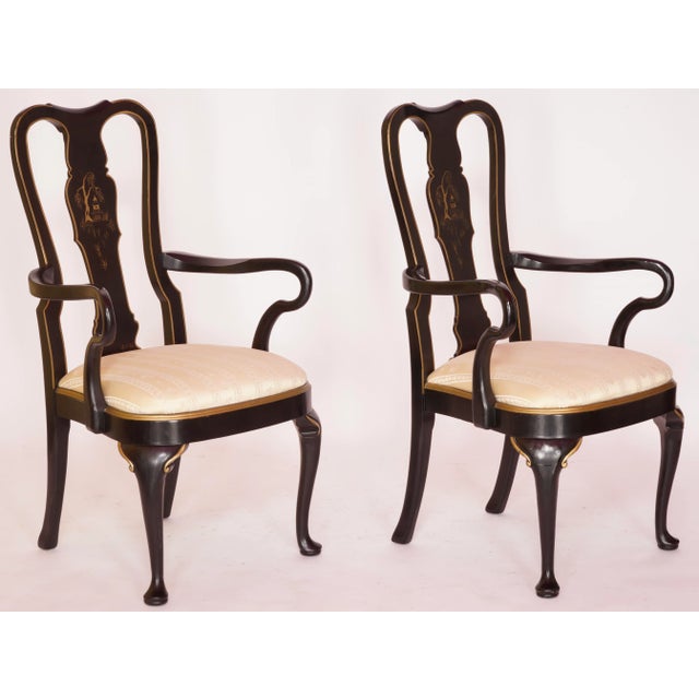 1980s Chinoiserie Black Lacquer Dining Chairs in the Style of Drexel- Set of 6 For Sale - Image 9 of 13