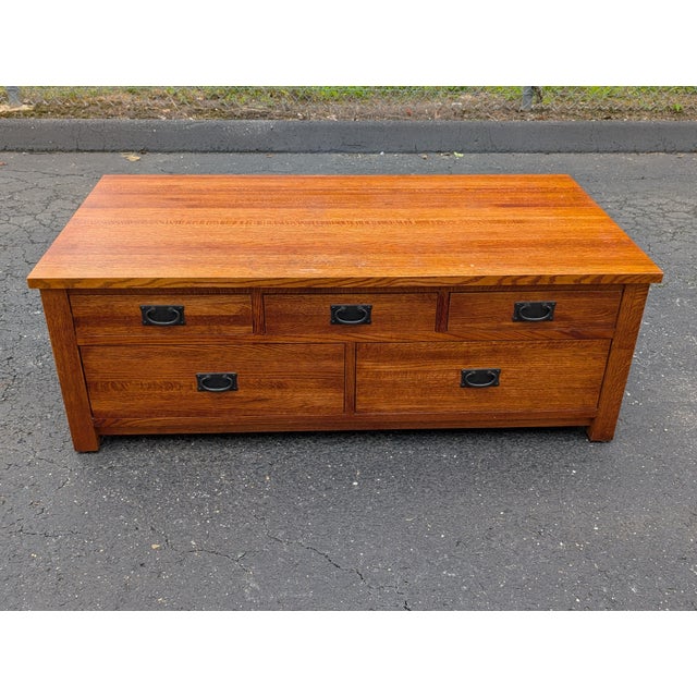 Wood Tiger Oak Mission Style Coffee Table With Cedar Lined Drawers For Sale - Image 7 of 17