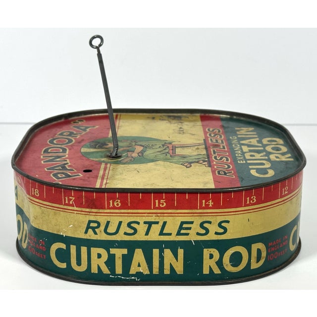 Art Nouveau Vintage Pandora Expanding Curtain Rod Tin: Art Deco Advertising Container For Sale - Image 3 of 10
