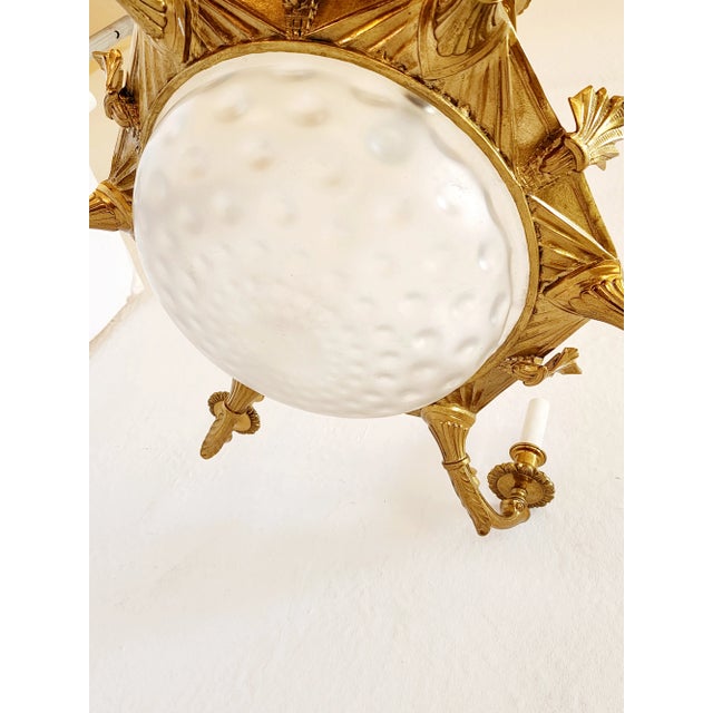 1990s Vintage Empire Style Brass Chandelier With Glass Shade For Sale - Image 5 of 12