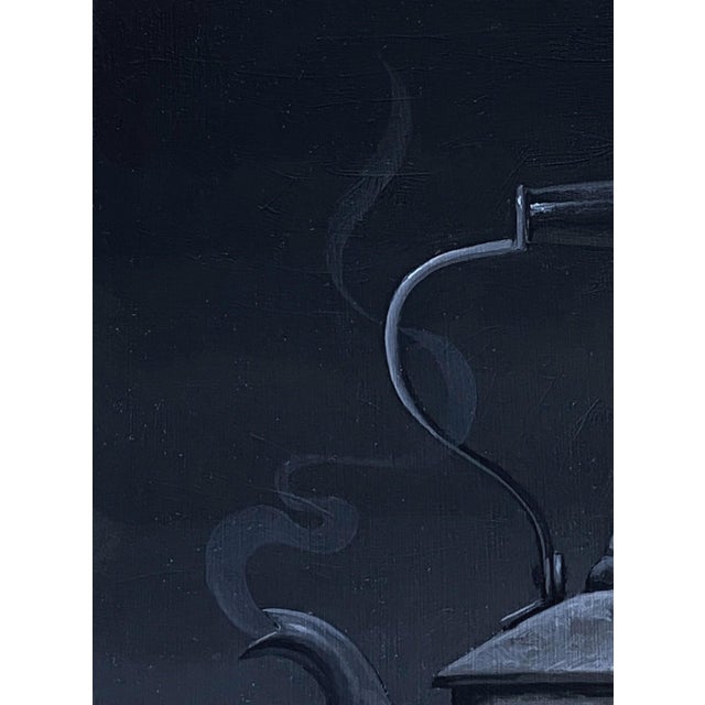 Achromatic by Blair Atherholt | Oil on Panel Still life of a black kettle with smoke and fruit For Sale - Image 4 of 5