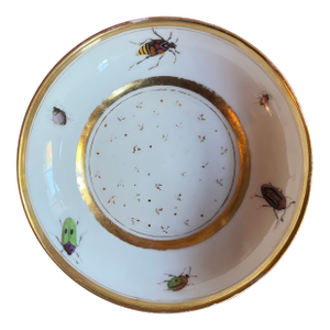 Antique Early 19th Century French Empire Paris Porcelain Saucer Dish Decorated With Insects, Bee and Beetles, Circa 1800