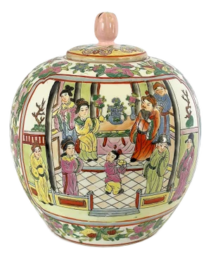 Mid Century Chinese Rose Famille Hand Painted Porcelain Lidded Ginger Jar
