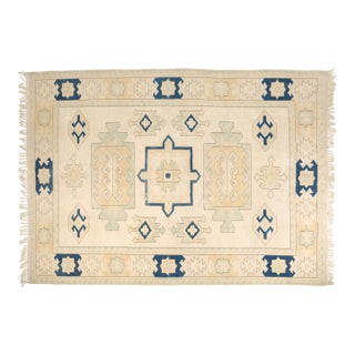 Vintage Turkish Area Rug, 9'0" X 6'6" Hand-Knotted Geometric Oushak Carpet, Cream and Blue Decorative Wool and Cotton Blend Rug For Sale