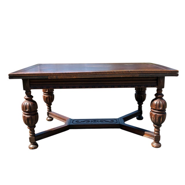 Early 20th Century Jacobean Revival Carved Oak Draw-Leaf Dining Table For Sale - Image 4 of 12