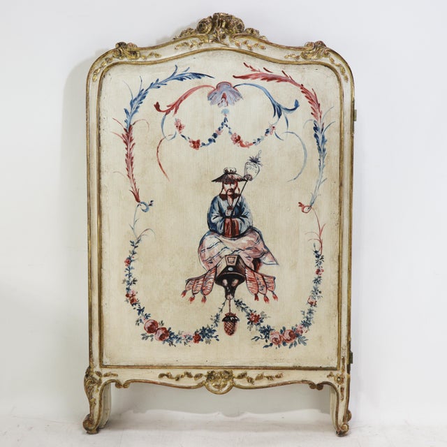 Chinoiserie Vintage French Rococo Three-Panel Hand-Painted Vanity Screen – Chinoiserie Room Divider For Sale - Image 3 of 15