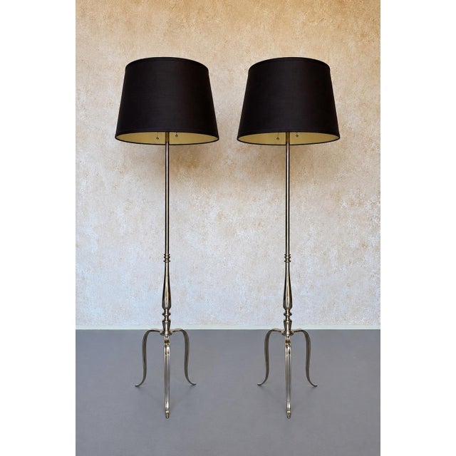 Pair of French Mid-Century Polished Nickel Tripod Floor Lamps For Sale - Image 9 of 14