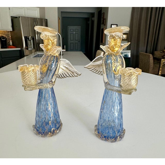 Traditional Pair Murano Venetian Blue & Gold Glass Angel Candle Holders For Sale - Image 3 of 12