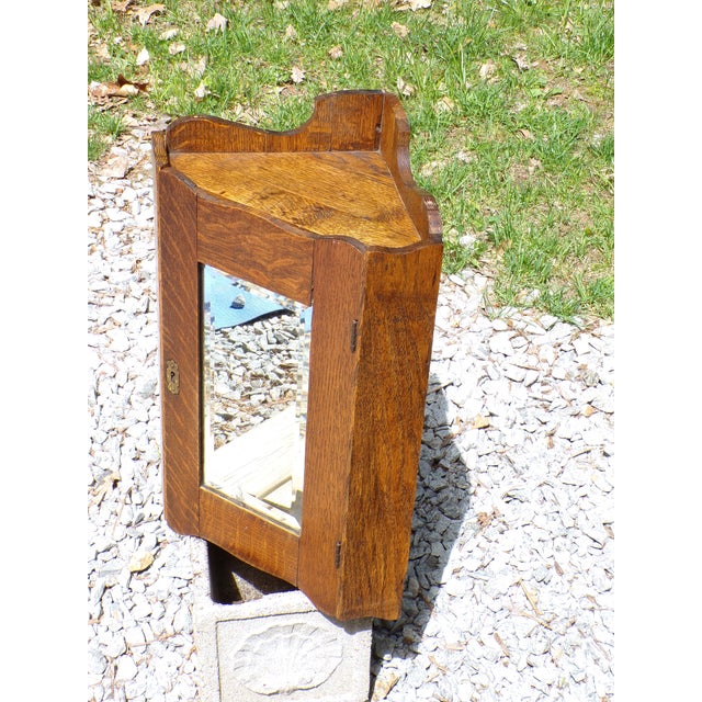 Antique Oak Corner Medicine Cabinet Beveled Mirror Cupboard Kitchen Apothecary For Sale - Image 9 of 13