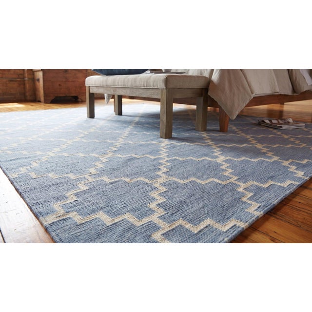 5x8 Blue Flat Weave Wool Stepped Diamond Lattice Geometric Modern Carpet Rug For Sale - Image 10 of 12