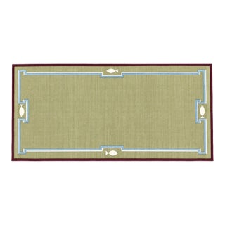 Handmade Cotton Dhurrie Runner, Olive Green and Wine Border Fish Patterned Runner Rug- 4'x12' For Sale