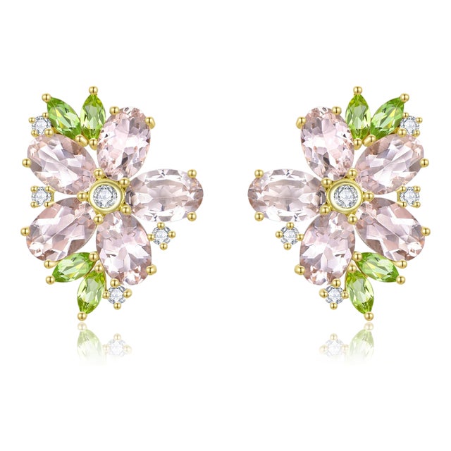 Nina Zhou 5.19ctw Morganite, Peridot, and Diamond Blossom Earrings For Sale