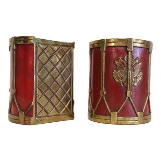 Leather and Brass Drum Bookends - a Pair For Sale