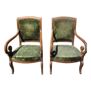 Pair of 19th-Century Louis Philippe Green Velvet Fauteuils (Armchairs). For Sale