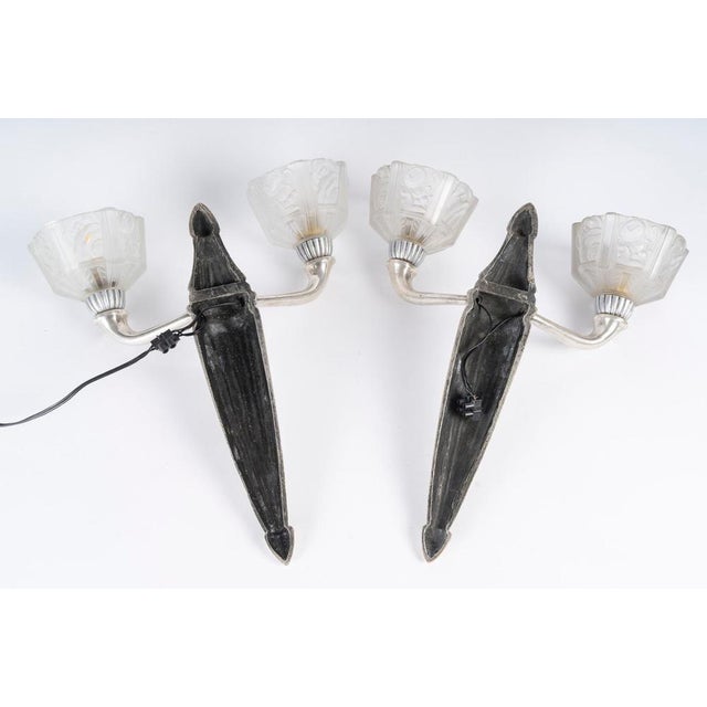 Metal Art Deco Silver-Plated Bronze Wall Sconces with Glass Shades, 1930, Set of 2 For Sale - Image 7 of 8