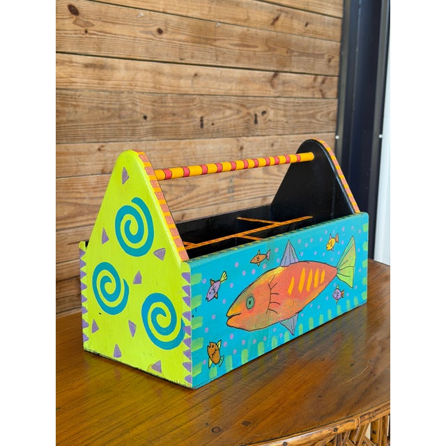 Vintage Coastal Hand-Painted Wood Fish Caddy For Sale - Image 9 of 11