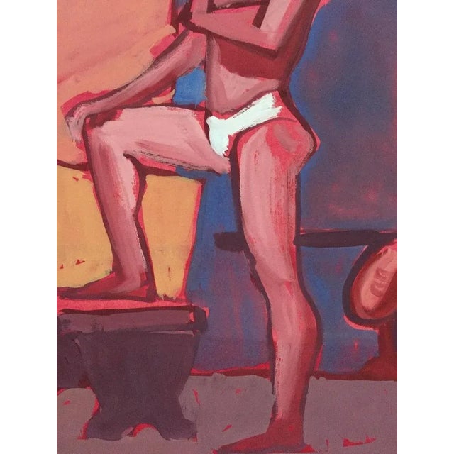 "Tighties" 1950's Gouache Male Nude Mid Century Painting Pink Red Blue Frame For Sale - Image 4 of 6