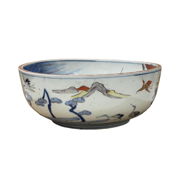 9.5" Asian Style Longevity Cranes Cloud Painted Porcelain Art Bowl For Sale - Image 11 of 14