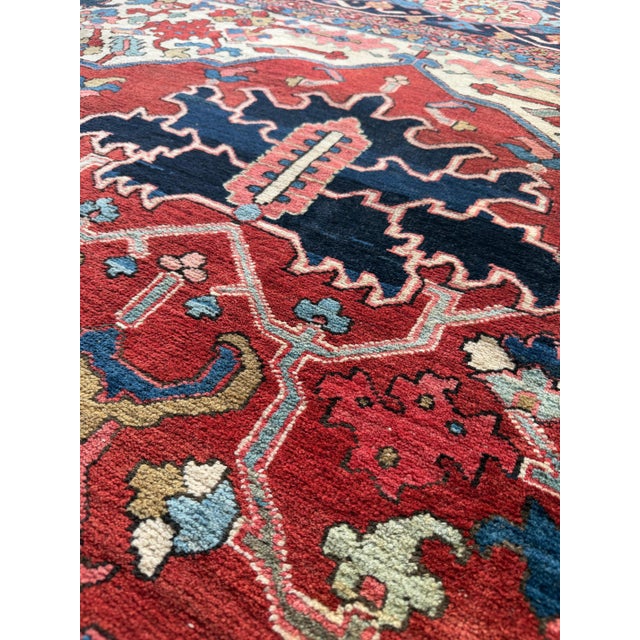 Red Antique Persian Serapi Carpet Handmade Wool Oriental Rug, Red, Ivory, Light Blue For Sale - Image 8 of 18