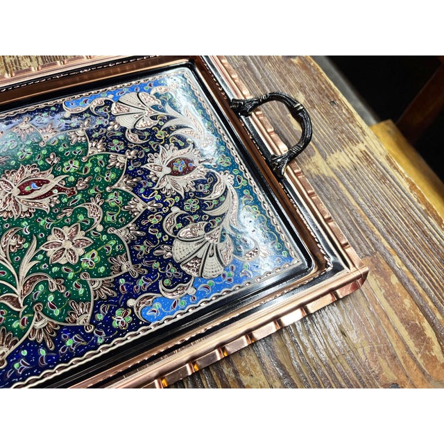 Metal Rectangular Etched Copper Tray with Handles For Sale - Image 7 of 11
