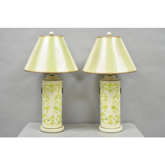 Late 20th Century French Country Cream & Green Distressed Tole Metal Cylinder Table Lamps - A Pair For Sale - Image 12 of 14