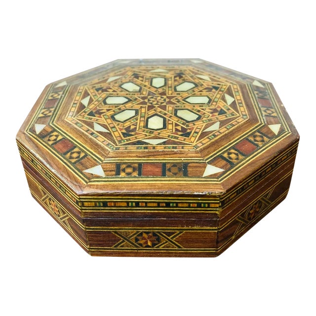 Vintage Moroccan Marquetry Inlay Wood Jewelry Box For Sale