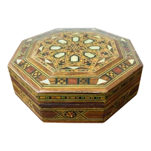 Vintage Moroccan Marquetry Inlay Wood Jewelry Box