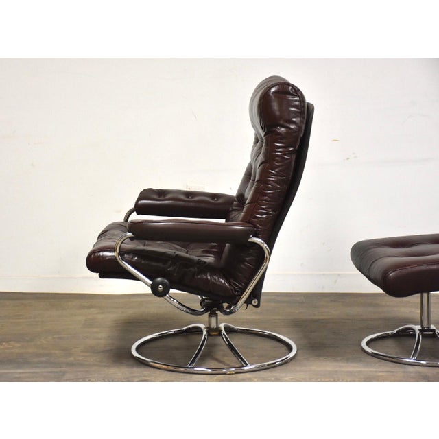 Ekornes Brown Leather and Chrome Reclining Lounge Chair and Ottoman
