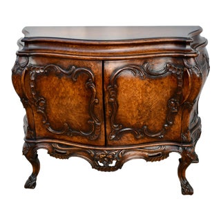 Vintage Carved Walnut & Burl Wood Bombe' Shaped Italian Provincial Commode For Sale