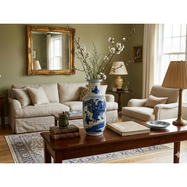 Oriental Blue White People House Gathering Graphic Porcelain Art Vase For Sale - Image 14 of 17