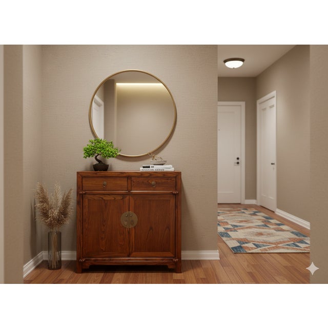 Chinese Chinese Moon Face Narrow Wood Grain Brown Drawers Side Table Cabinet For Sale - Image 3 of 16