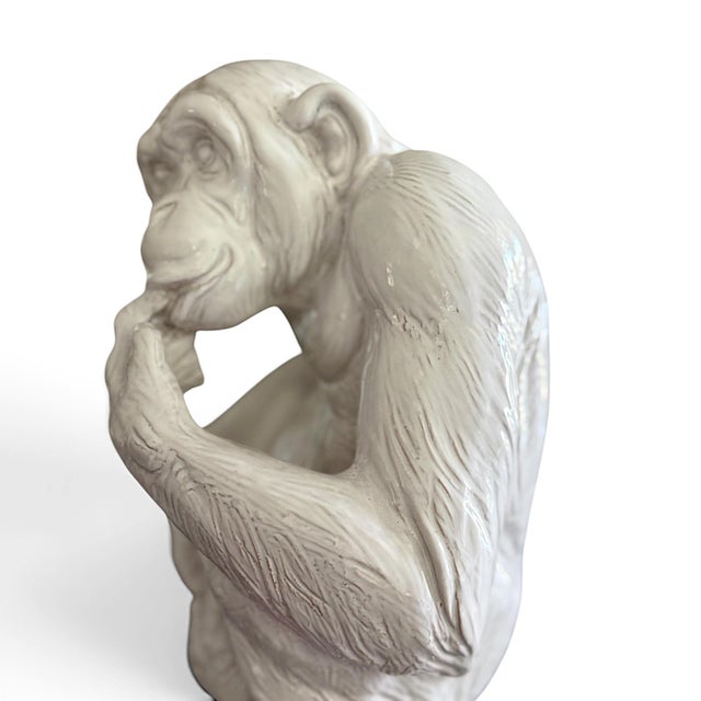 Vintage Italian Glazed Terracotta Monkey Sculpture in Contemplative Pose For Sale In Los Angeles - Image 6 of 12