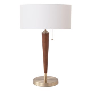 Pasadena Table Lamp 27" H - Mid Century Modern, Weathered Brass, Dark Walnut Tapered Body, Dimmable, Bulb Included For Sale