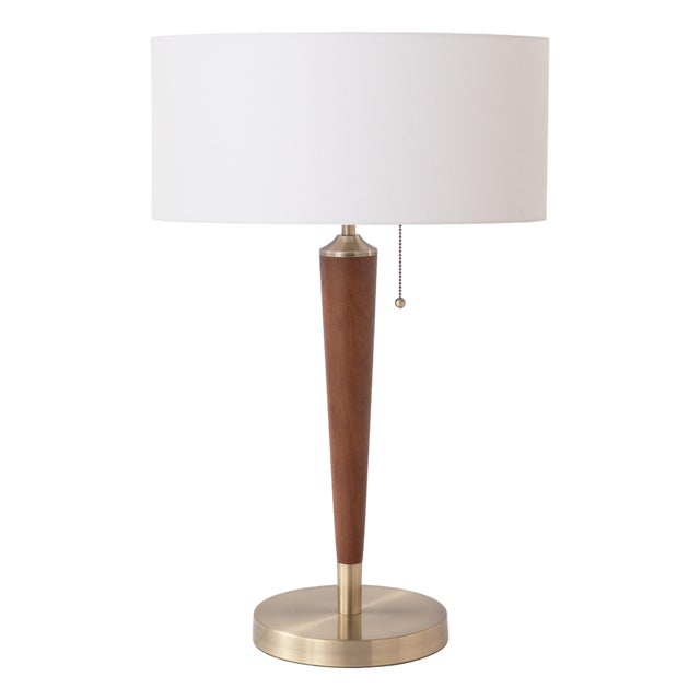 Pasadena Table Lamp 27" H - Mid Century Modern, Weathered Brass, Dark Walnut Tapered Body, Dimmable, Bulb Included For Sale