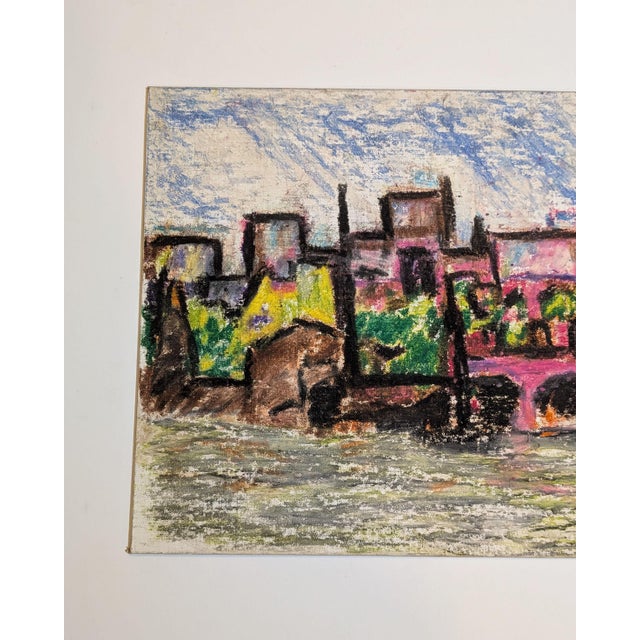 Original mid-century modernist expressionist landscape/cityscape study on a vintage Macy's canvas panel, measuring 16...