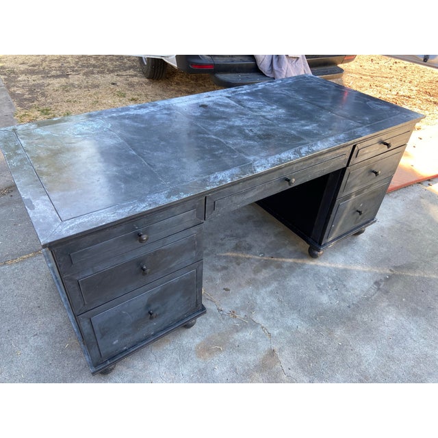 Metal Rh Restoration Hardware Annecy Metal Wrapped Zinc Desk With Patina For Sale - Image 7 of 12