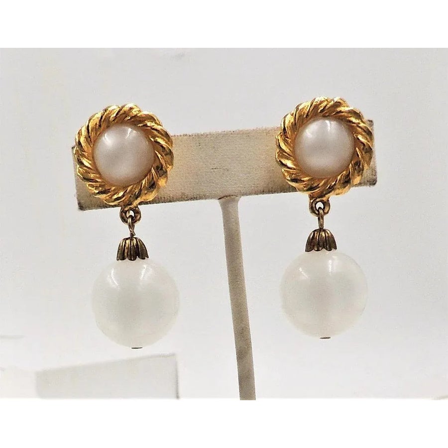 1973 Vintage Mimi Di N Faux-Moonstone Drop Clip Earrings- 2